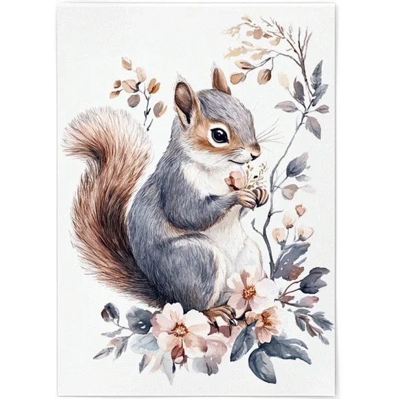 Watercolor Floral Squirrel Portrait Wall Art Illustration Print Poster Unframed - Picture 2 of 9